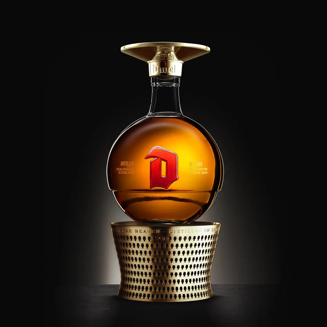 Duvel distilled 150 years celebration bottle packshot.