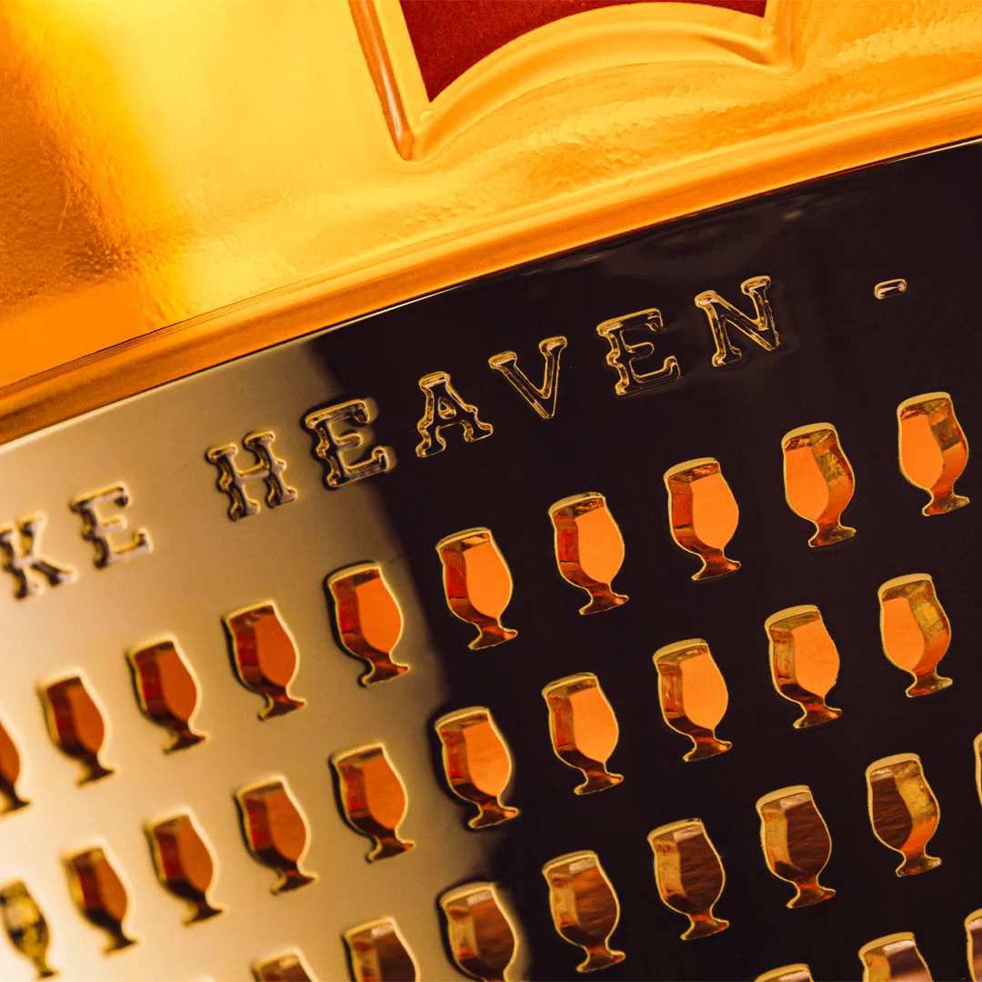 Close-up of a bottle of Duvel Distilled aged in Marsala casks.