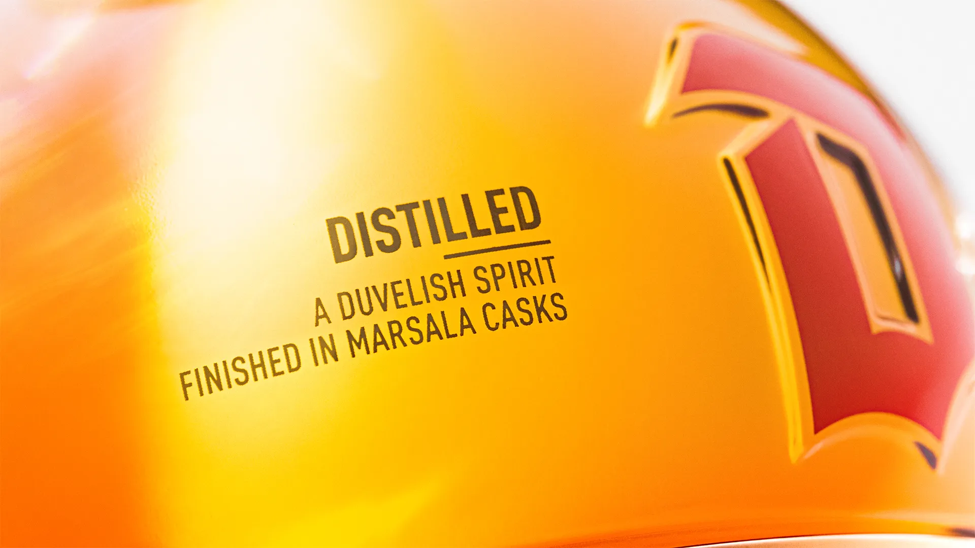 Close-up of a bottle of Duvel Distilled aged in Marsala casks.