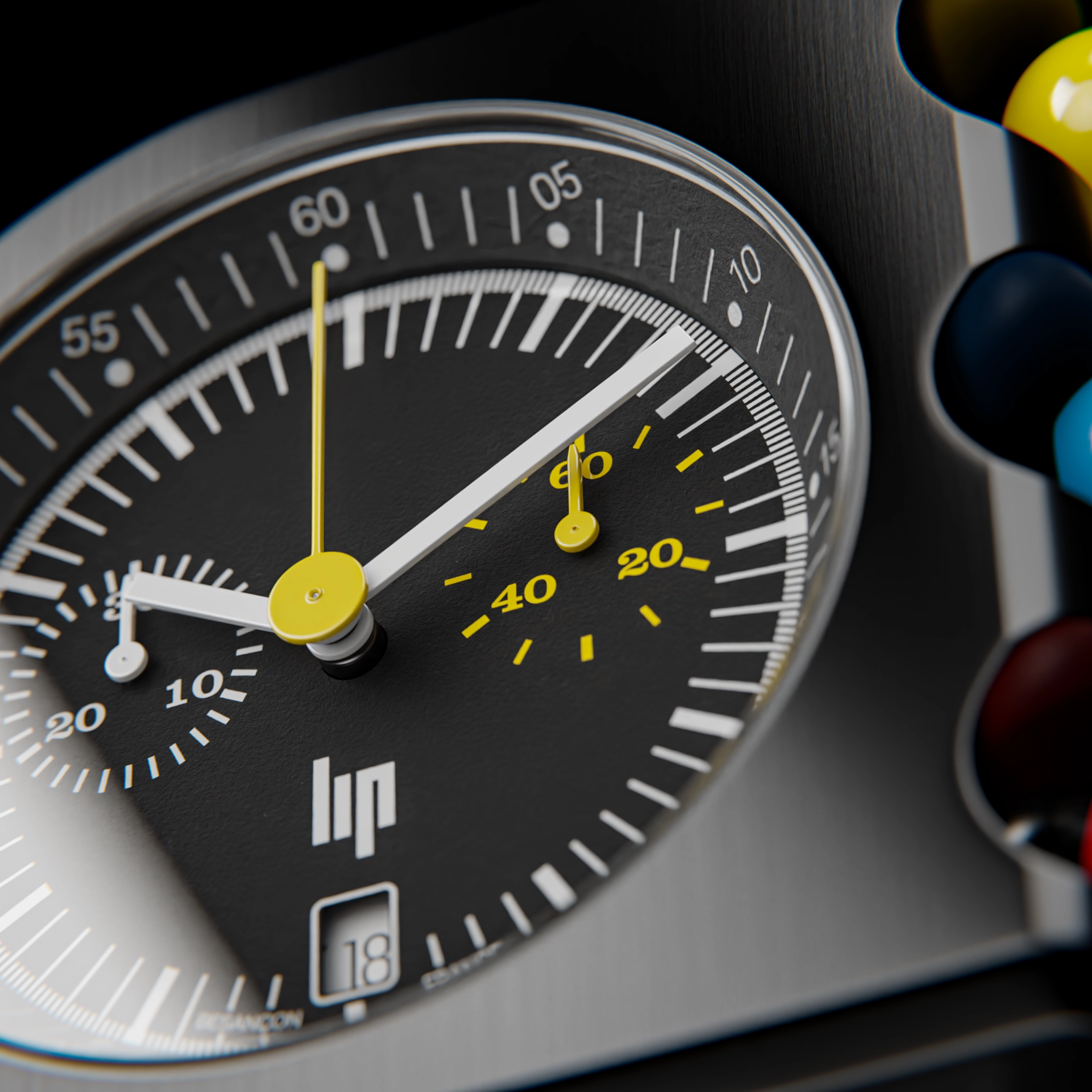 Gros plan d'une montre Lip Mach 2000 dans un studio.