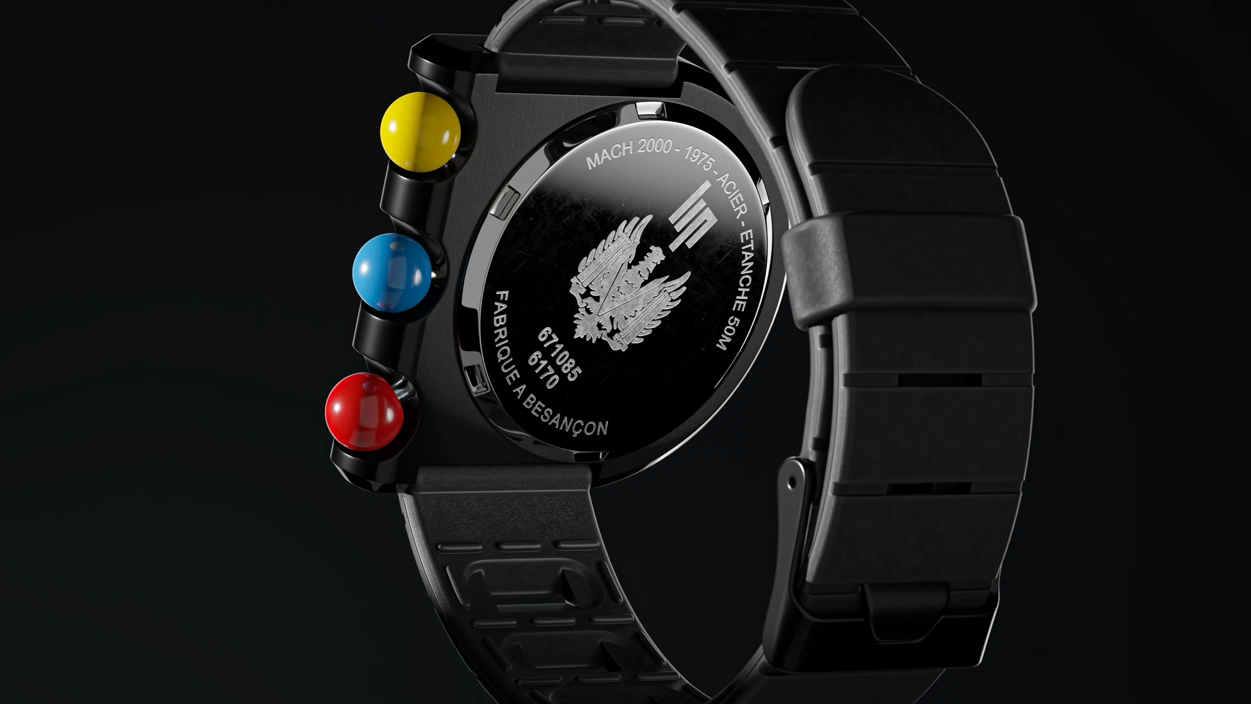 Close-up of the back of a Lip Mach 2000 watch in a studio.