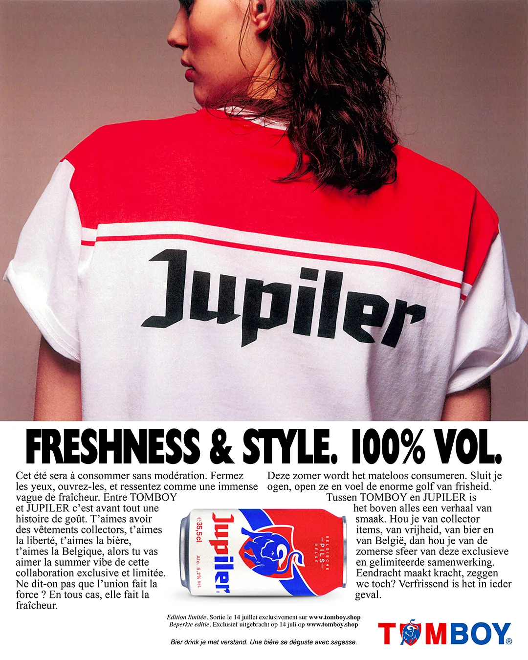 Poster for the Tomboy x Jupiler campaign showing a young woman from behind wearing a T-shirt.