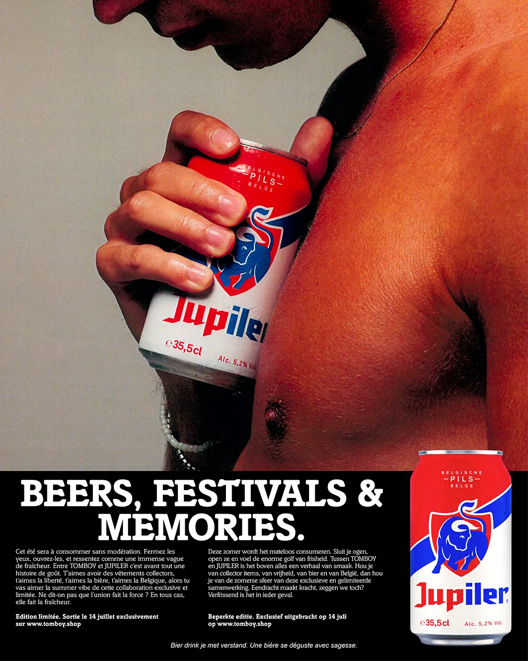 Poster for the Tomboy x Jupiler campaign showing a hand holding a beer can