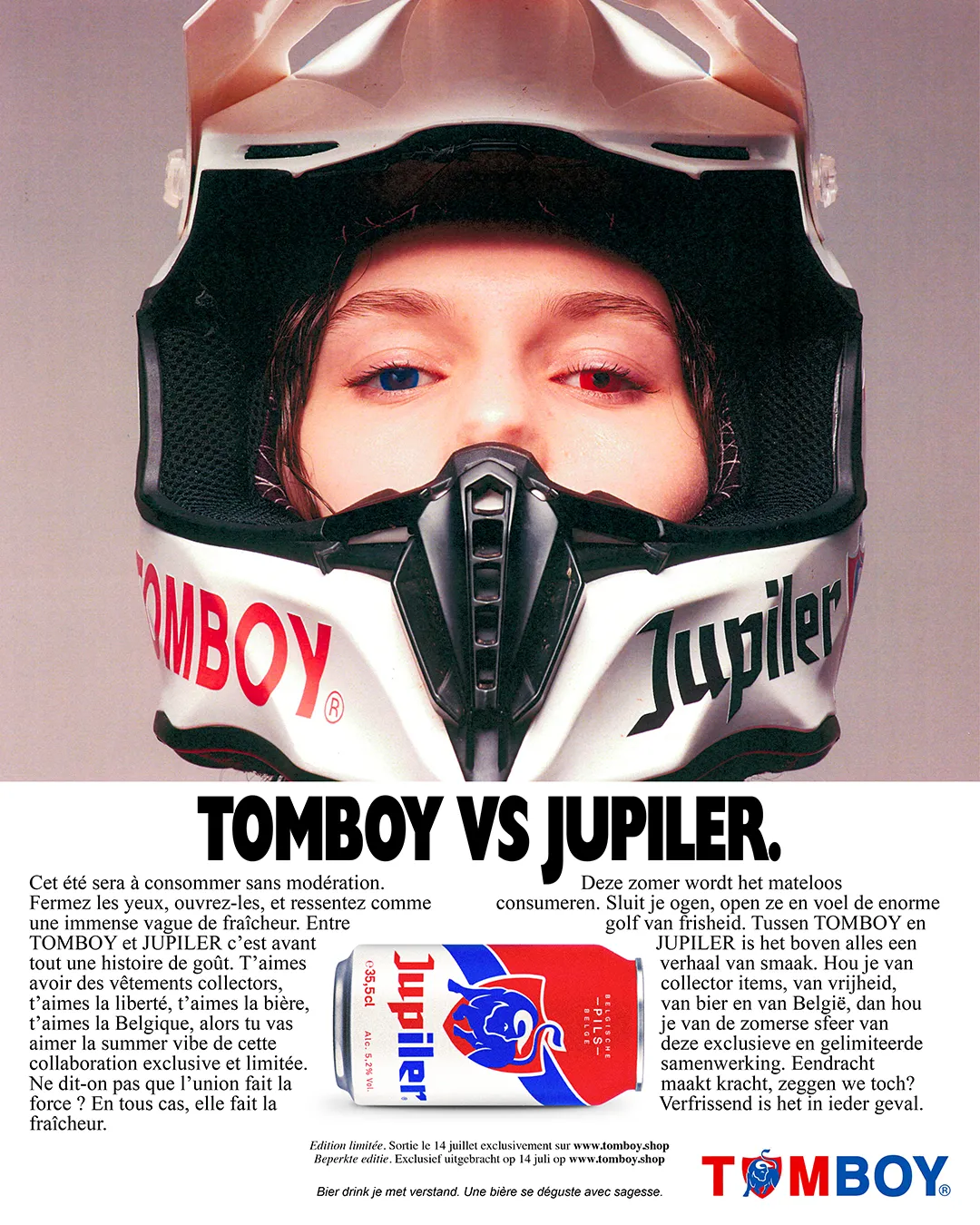 Poster for the Tomboy x Jupiler campaign showing a young woman wearing a motorcycle helmet.
