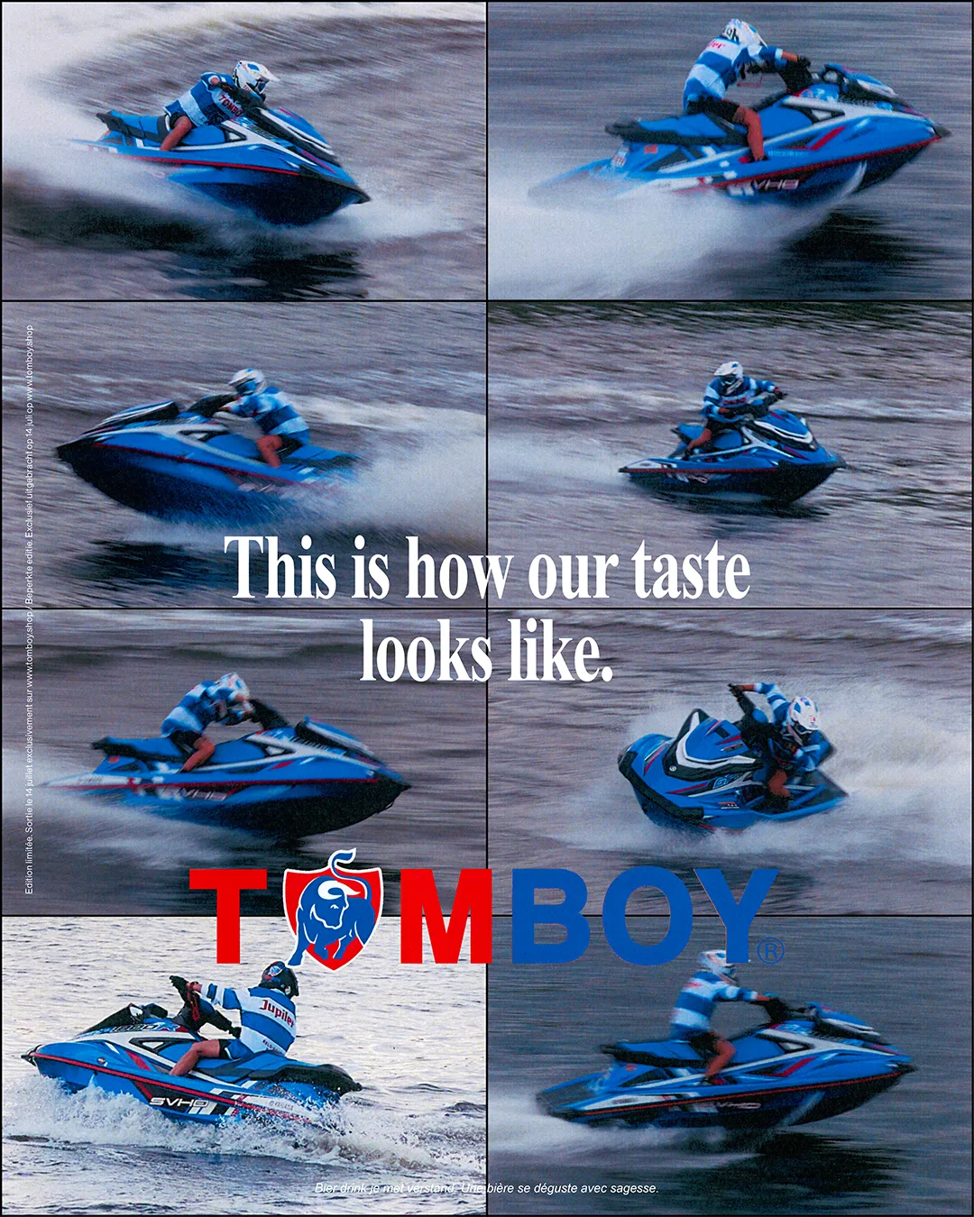 Poster for the Tomboy x Jupiler campaign showing a person jet skiing.