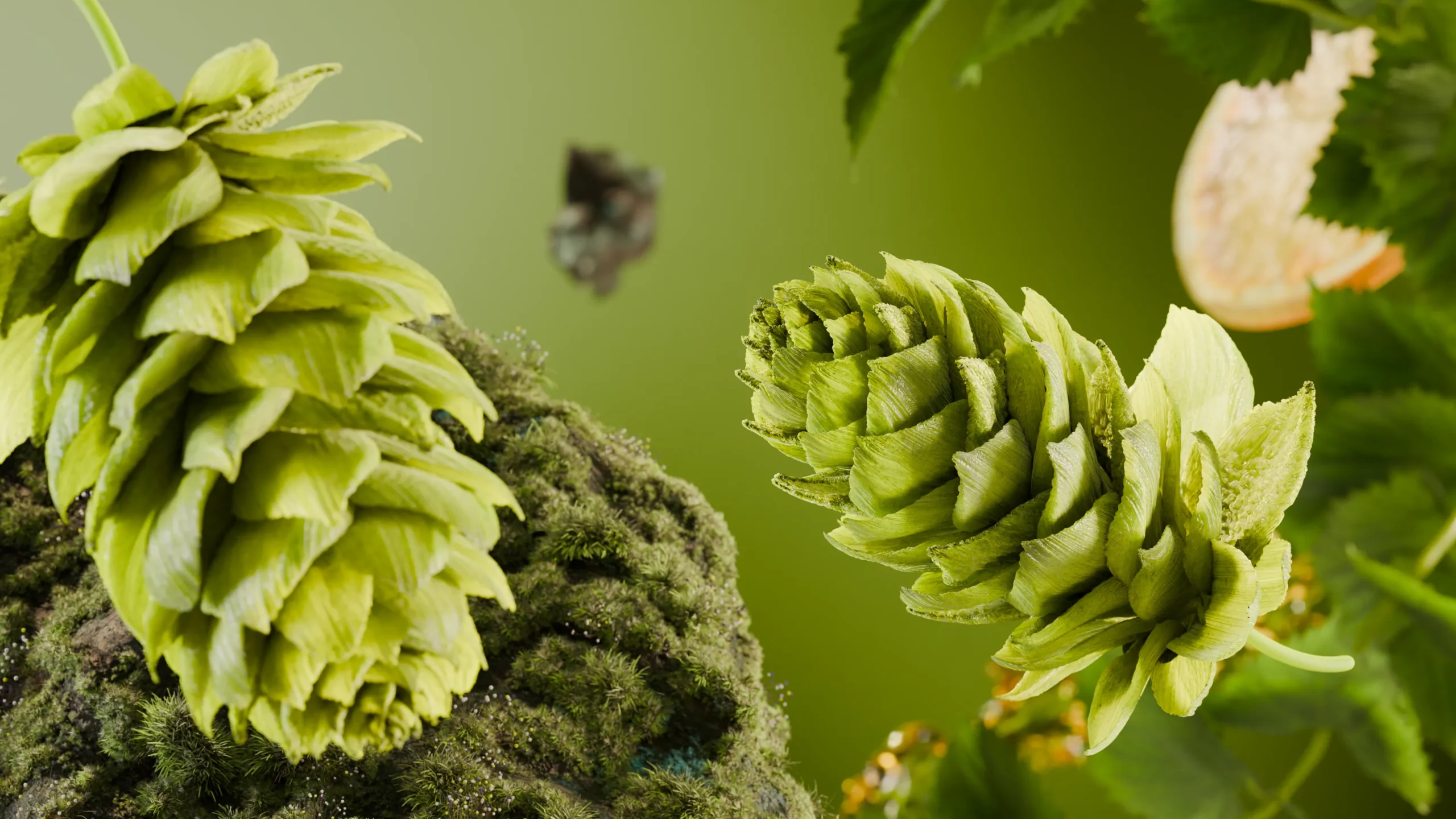 Close-up of hops created using CGI.