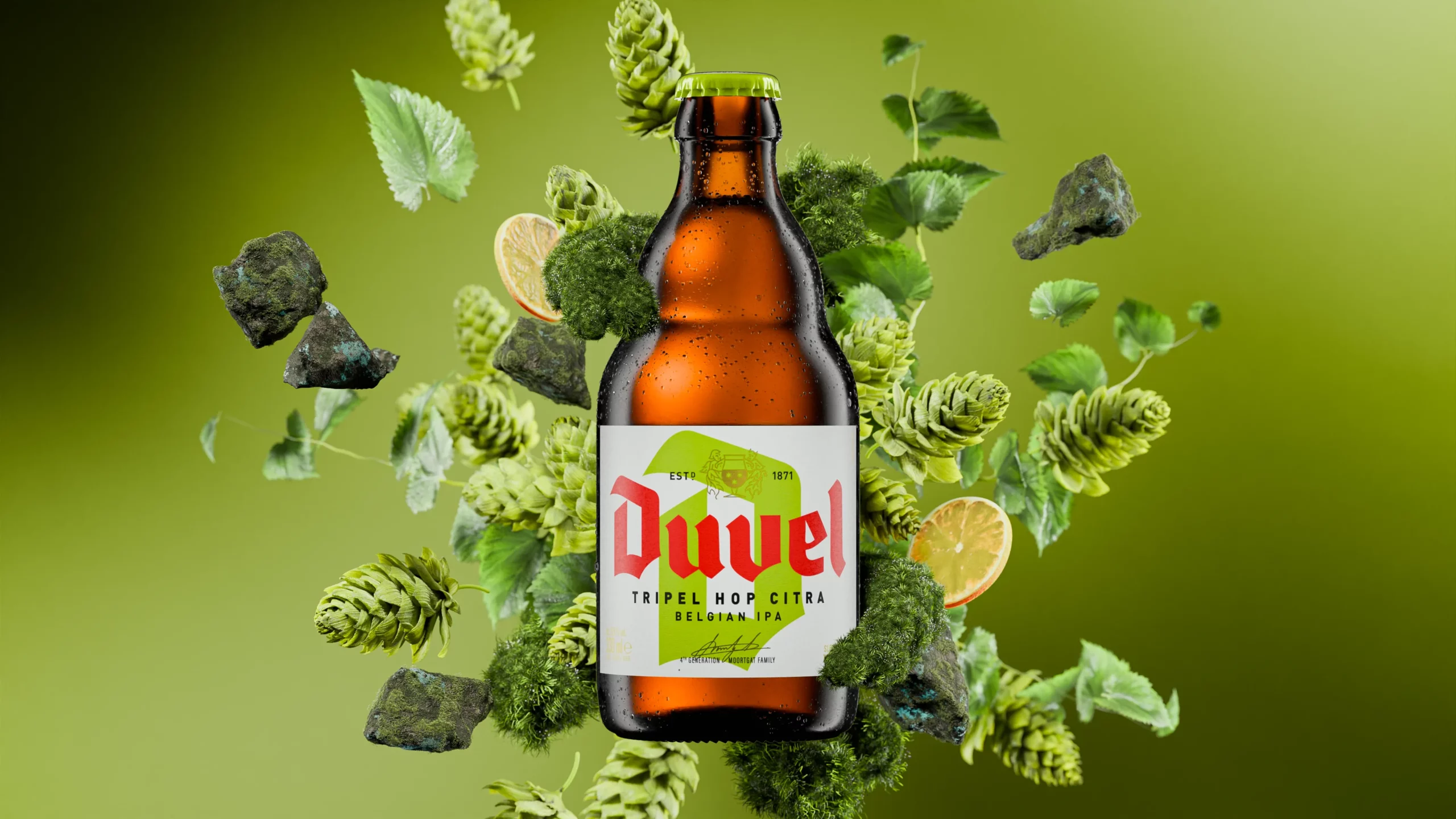 Duvel Tripel Hop Citra bottle and glass surrounded by an explosion of hops and flavours. CGI by Louis Thienpont.