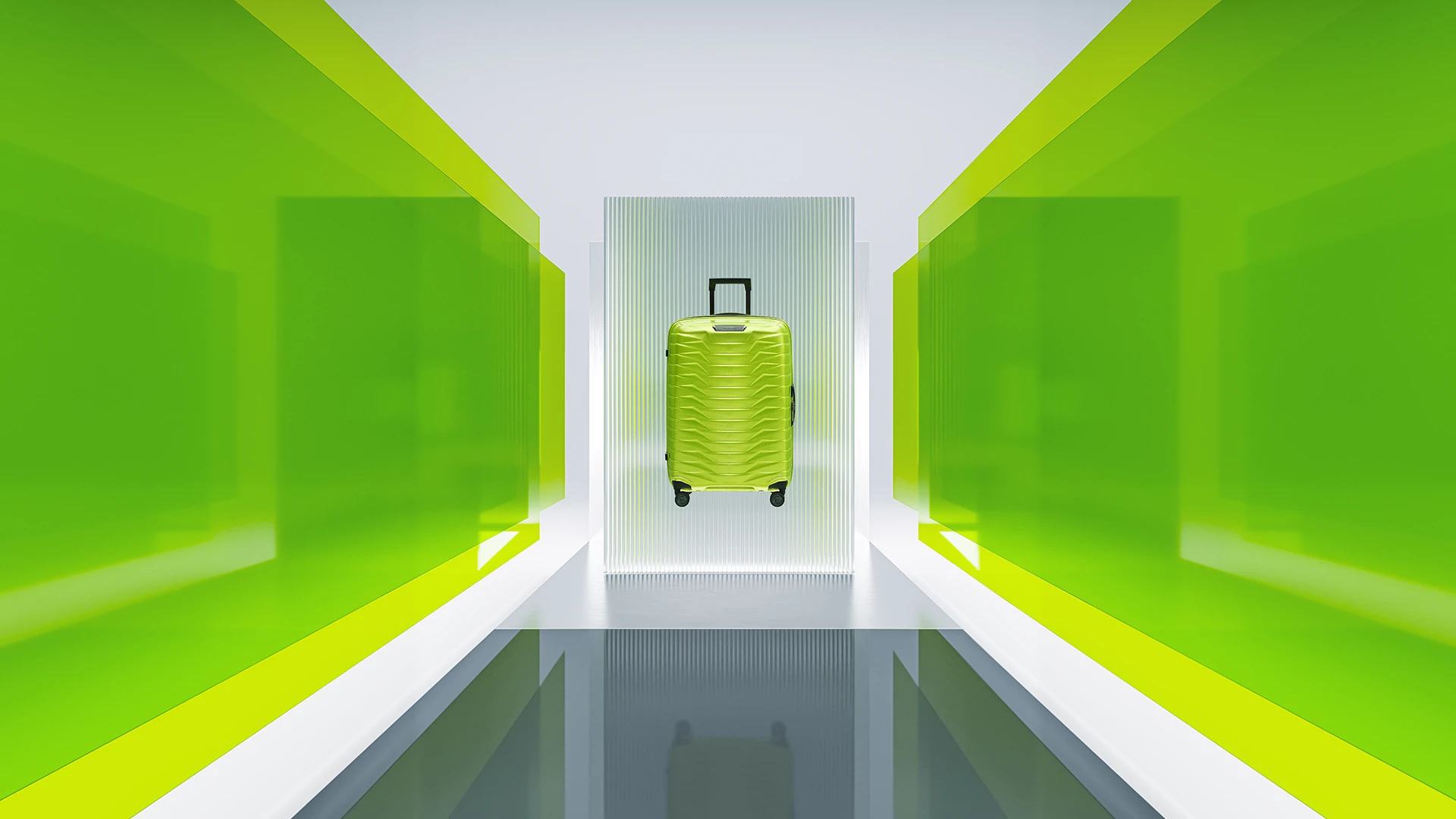 A Samsonite Proxis suitcase in a studio.